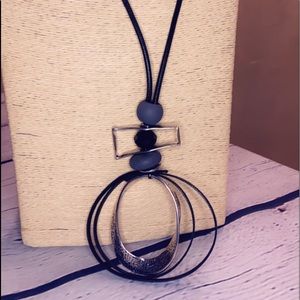 Black Leather Like Long Necklace with Charm